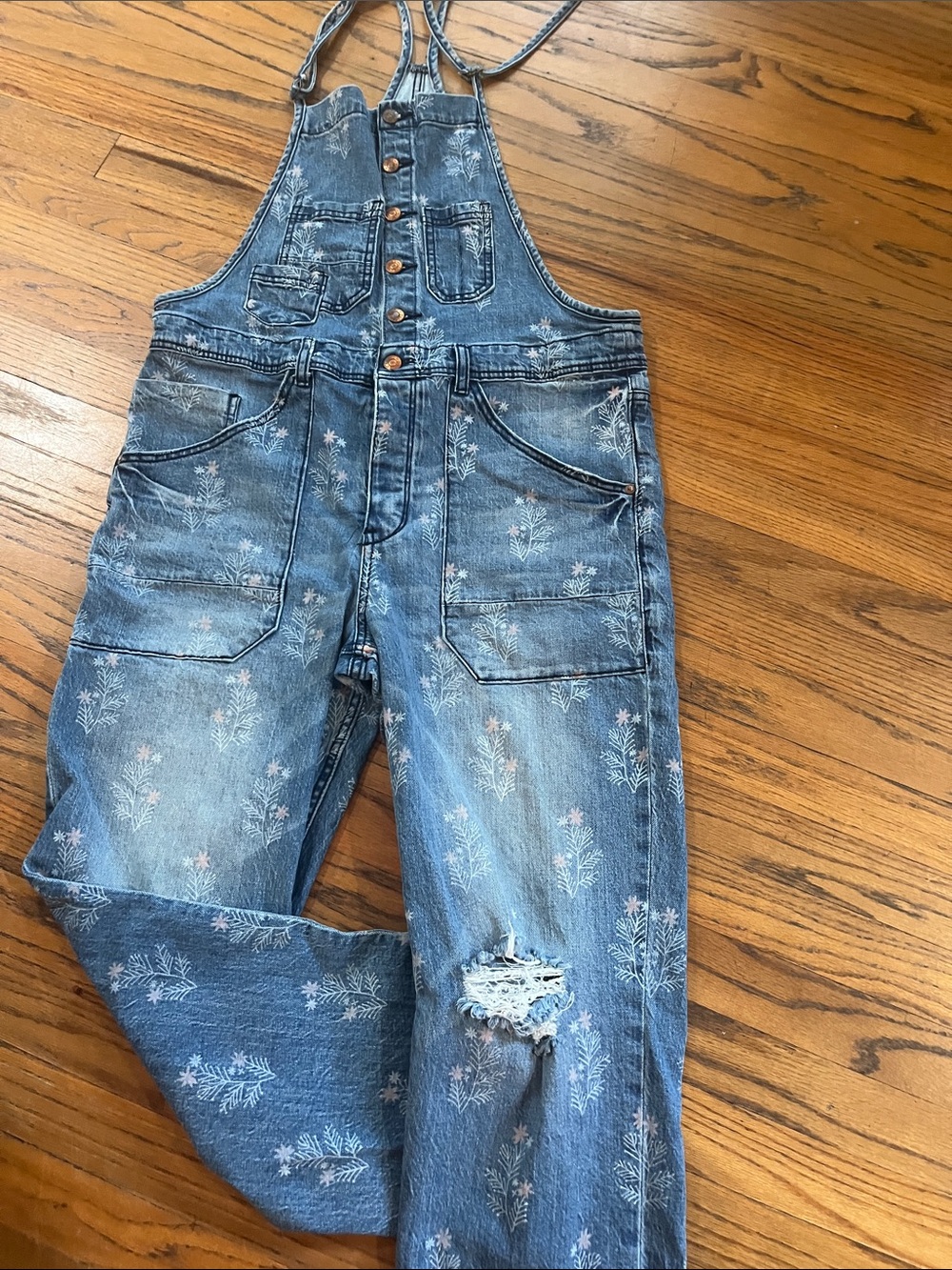 Pilcro Blue Floral-Print Denim Overalls - Picture 2 of 15